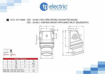 Preview: CEE Wandstecker 3P 16A 6H IP67